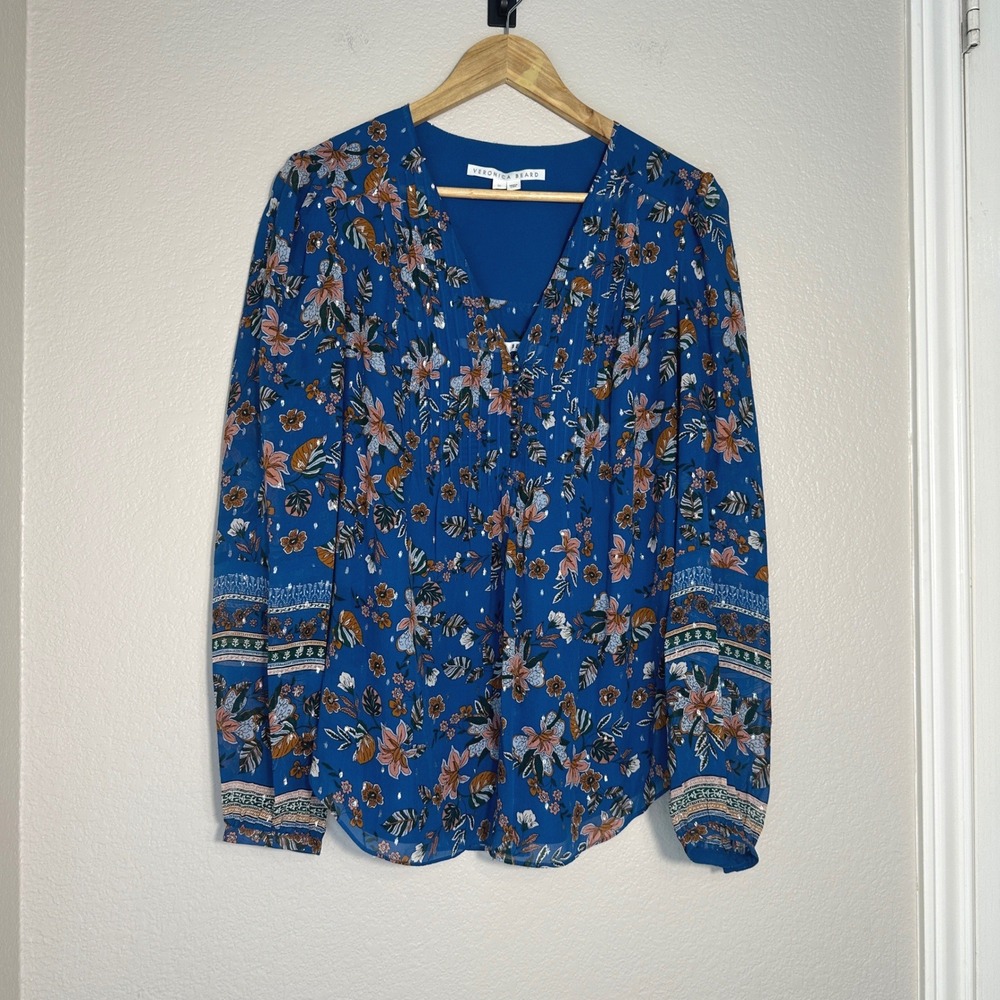 Veronica Beard Lowell Silk Floral Blue Silver Metallic Luxury Blouse, Size 10 - Picture 2 of 13